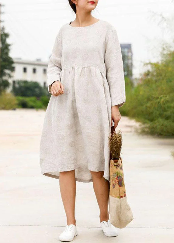 Bohemian linen outfit boutique Long Sleeve Jacquard Beige Pleat Dress