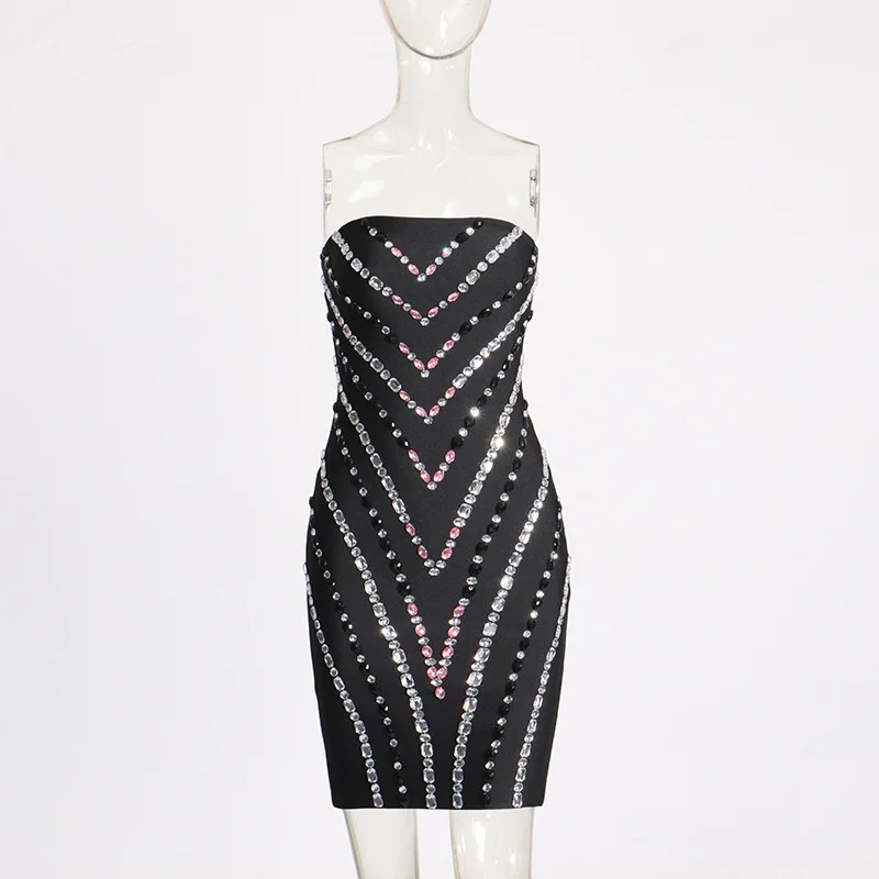 Zingj Spring 2025 New Sexy Hot Boa Feng Shui Drill Splicing Design High-Waisted And Hip-Bossed Dress Dress Woman