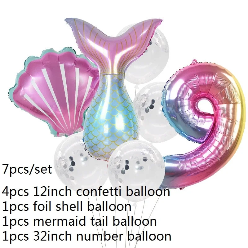 7pcs Mermaid Party Balloons 0 1 2 3 4 5 6 7 8 9 Number Foil Balloon Kids Birthday Party Decorations Baby Shower Helium Globos