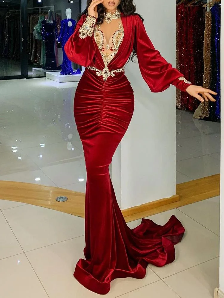 Sexy deep V cut waist mermaid red maxi evening dress-zachics