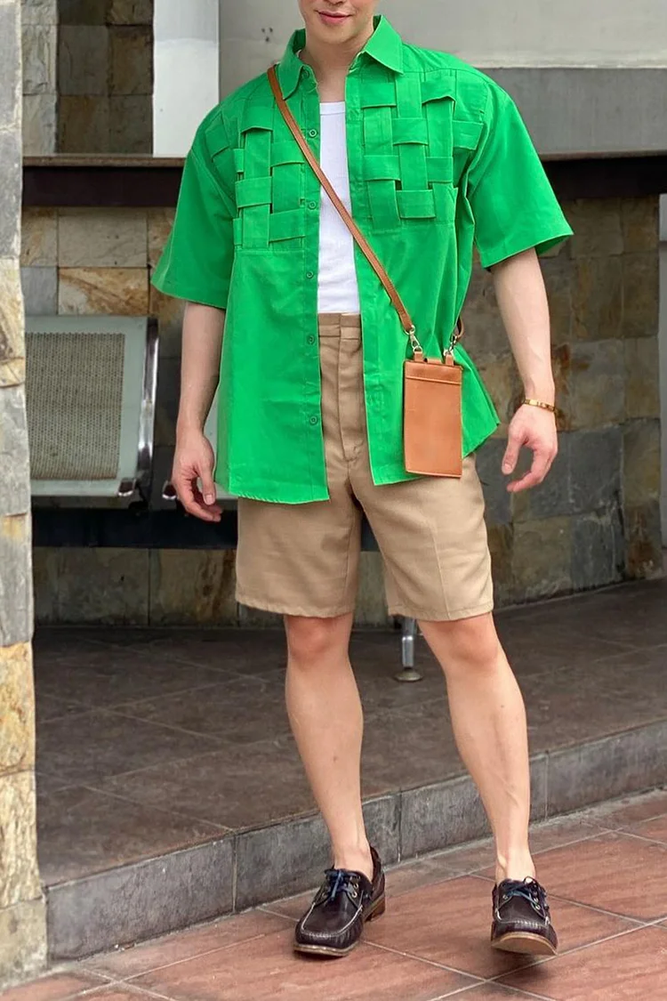 Woven Short Sleeve Green Loose Blouse Casual Shirt 