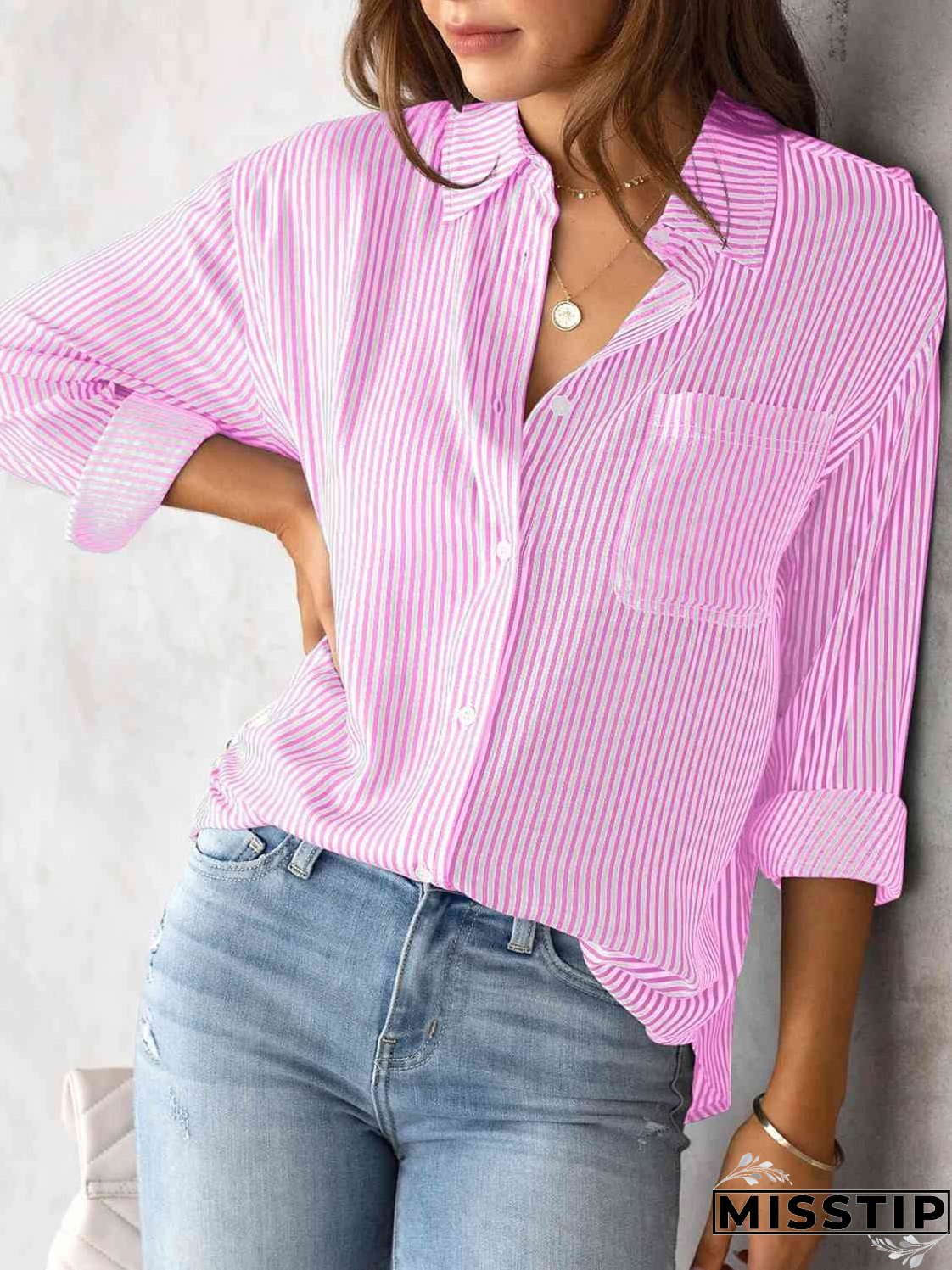 Striped Collared Neck Shirt with Pocket