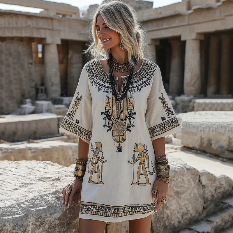 Women's Vintage Egyptian Pattern Casual V Neck Midi Dress