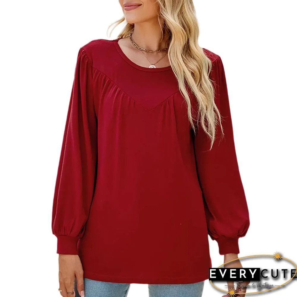 Red Crew Neck Pleated Puff Sleeve Tops