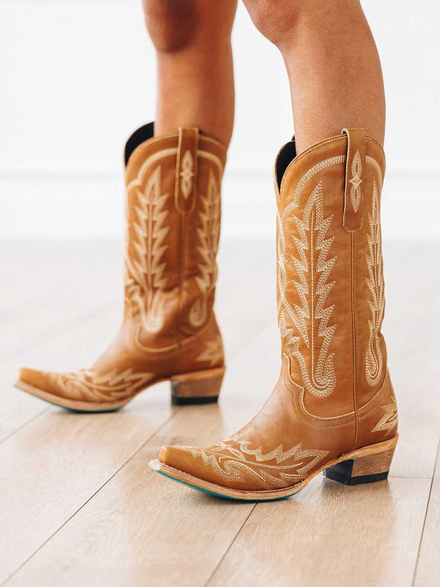 Brown Vegan Leather Snip Toe Embroidered Mid Calf Cowgirl Boots