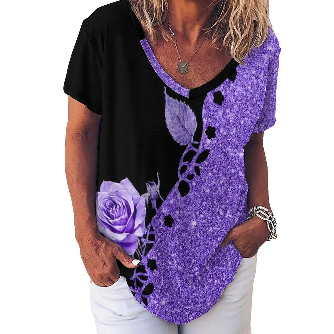 V-neck Short Sleeve Casual T-shirt for  Women Printed with Pattern Purple, Floral, Glitter