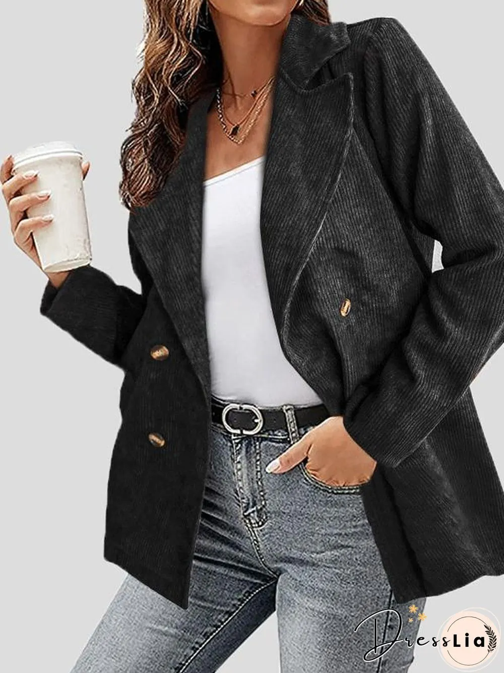 Women Notched Lapel Corduroy Coat