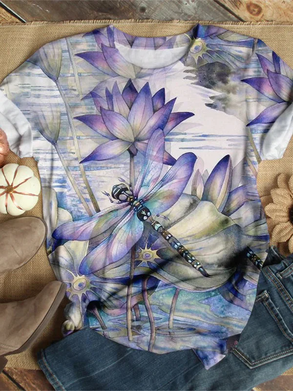 Loose Dragonfly Lotus Printed Short Sleeve Top