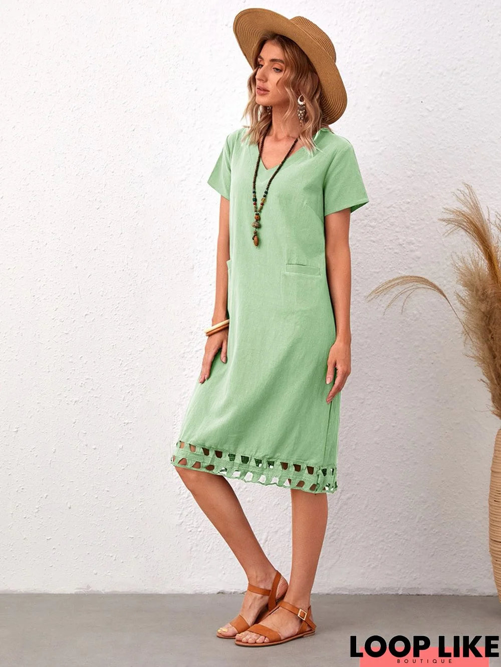 Fashionable and Versatile V-Neck Short Sleeve Slim Solid Cotton Linen Dress