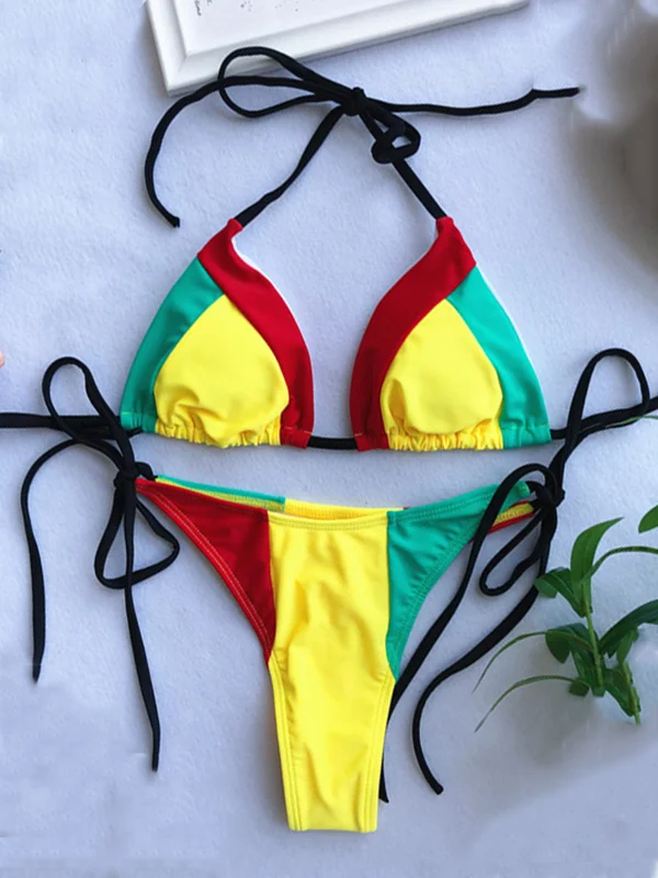 Halterneck Color-Block Backless Bralette Tie Side Bikini Swimwear