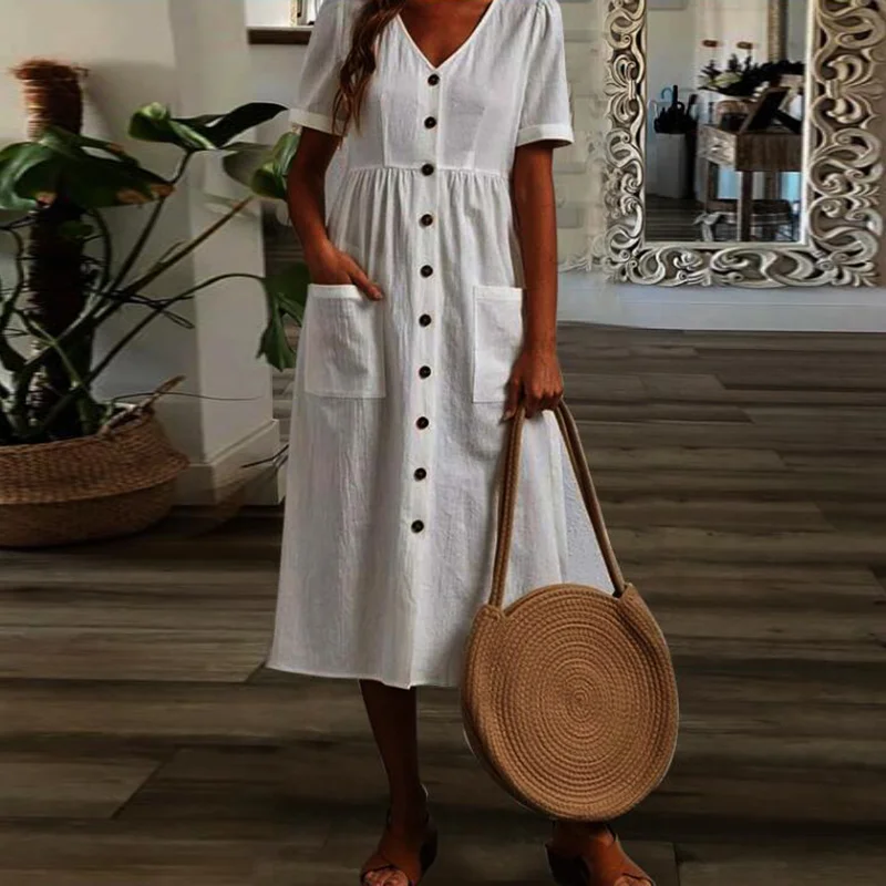 V-Neck Button Cotton Linen Short Sleeve Pocket Midi Dress