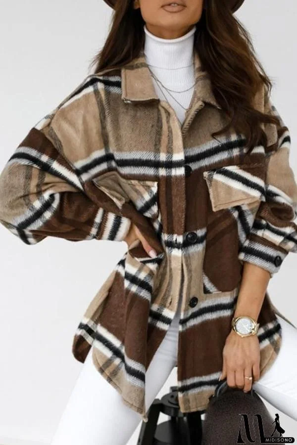 MidiSono - Casual Loose Plaid Long Sleeve Lapel Shirt