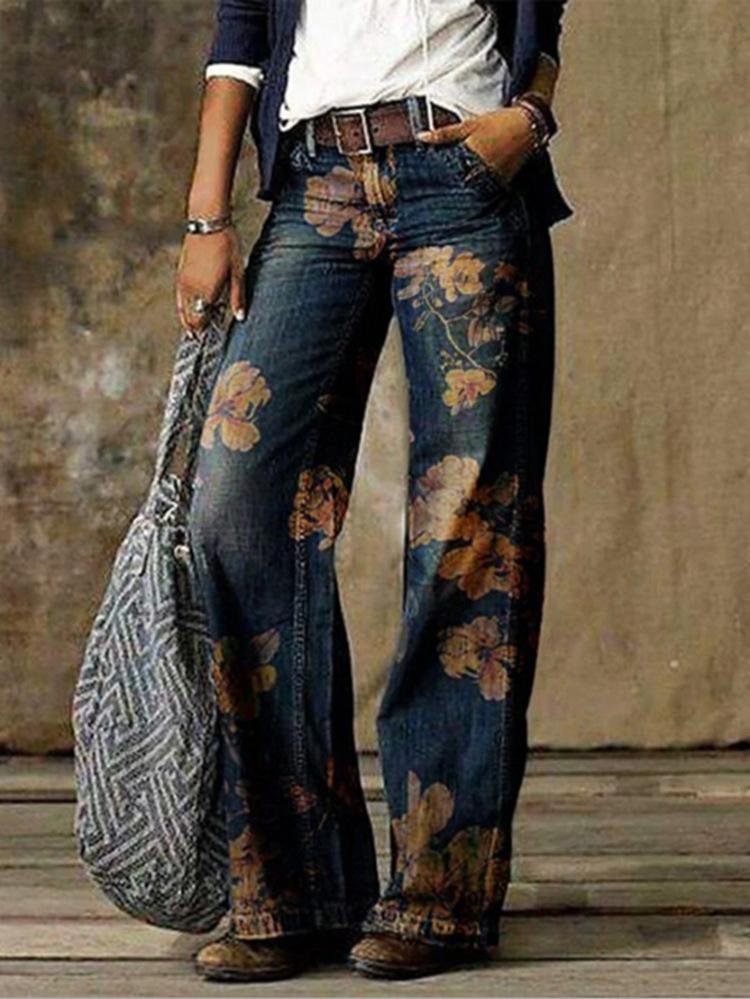 Casual Plus Size Printed Wide-leg Jeans