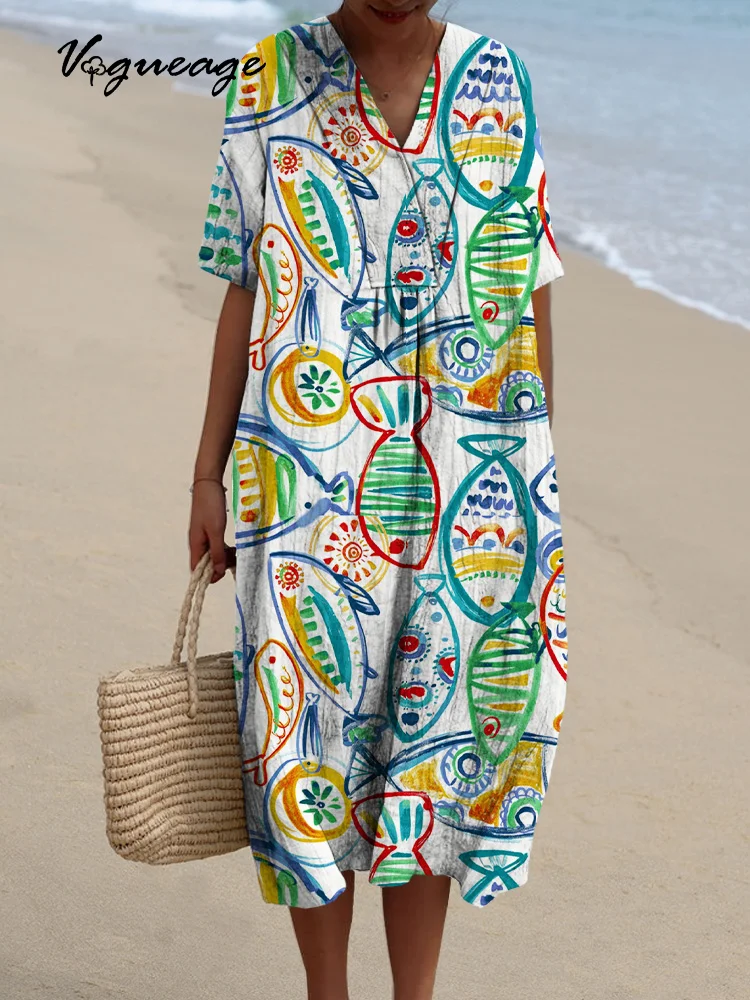 Color Line Fish Printed Women's Casual Cotton And Linen Dress