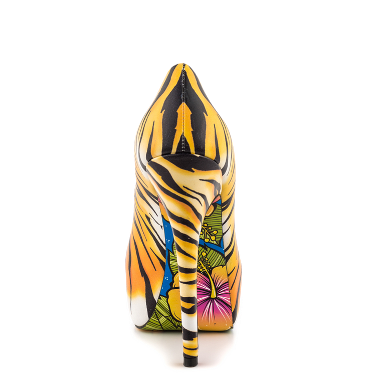 Women's Yellow Tiger-print Stiletto Heels Almond Toe Pumps Platform Shoes |FSJ Shoes
