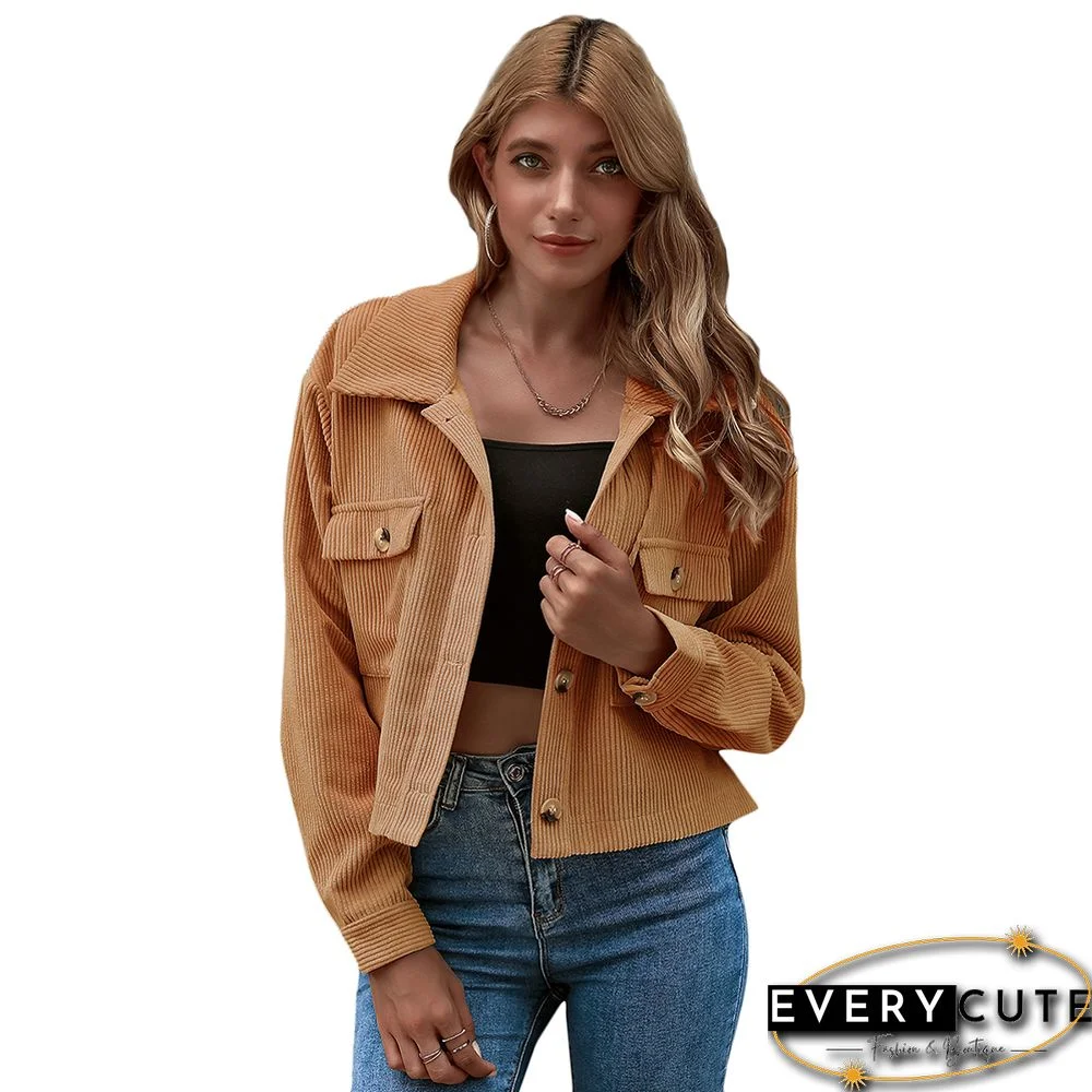 Khaki Corduroy Pocket Button Short Jacket