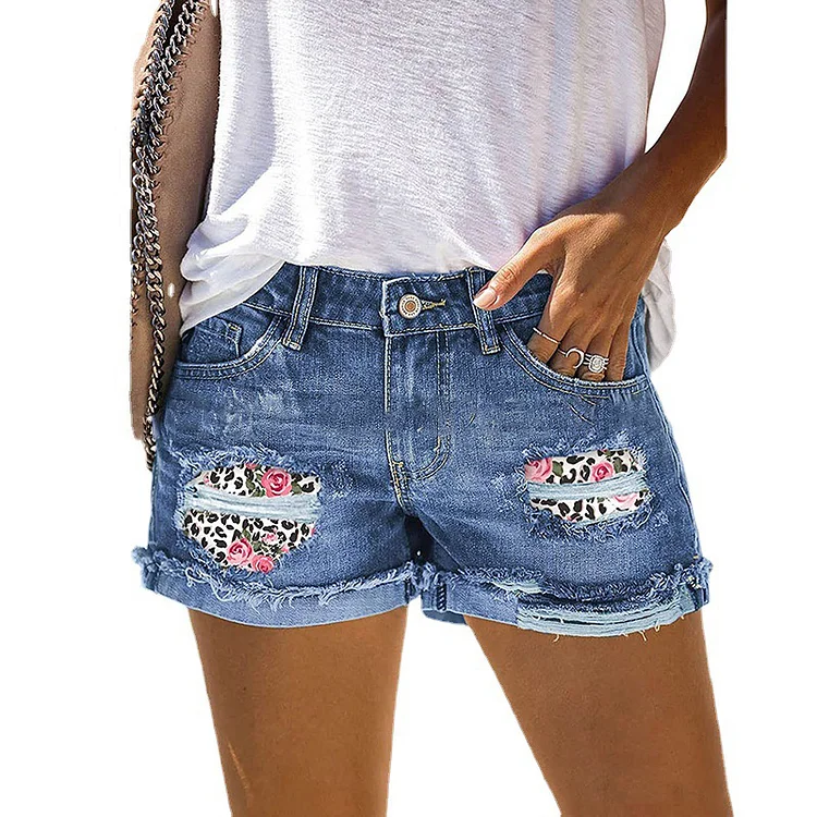Floral Printed Cuffed Ripped Denim Shorts
