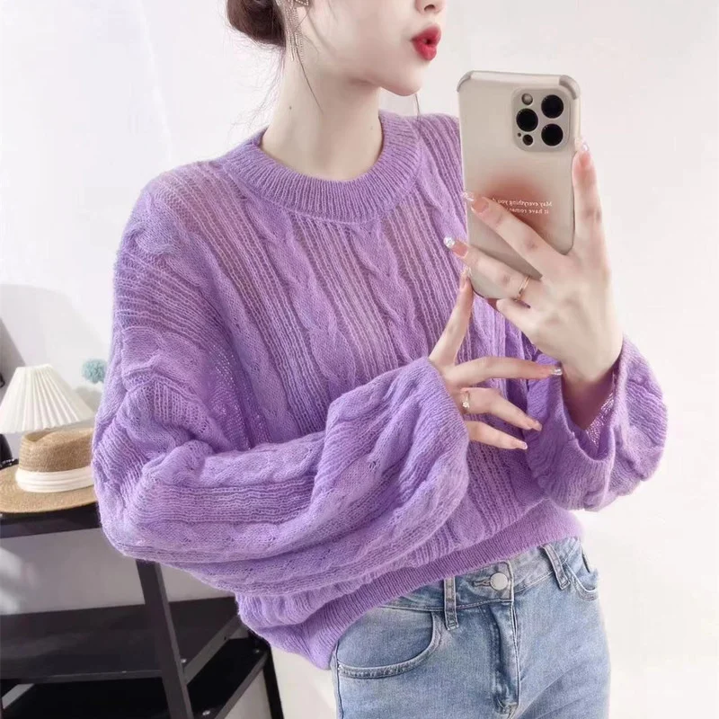 Churchf Churchf Spring And Summer New Temperament Lady Thin Hollow-Out Shirt Korean Version Of Women's Round Collar Twist Flower Bat Sleeve Sweater