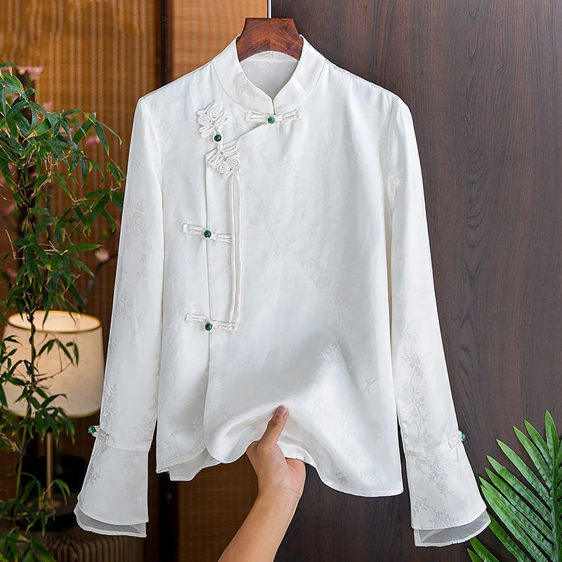 Ueong Jacquard Imitation Silk Shirt Women 2023 Early Autumn New Chinese Style Light Extravagant And Elegant Tang Dress Girls