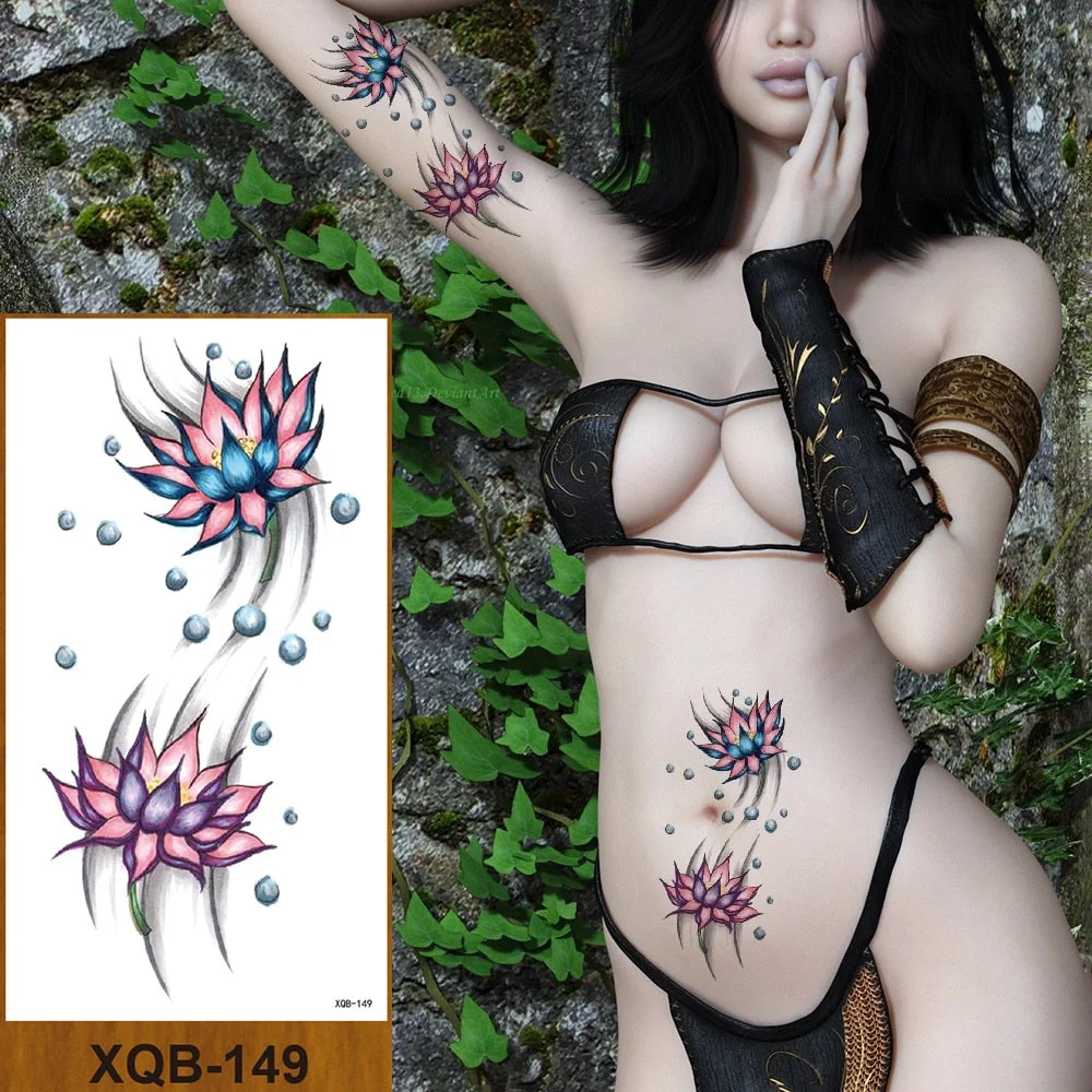 Temporary Tattoos Stickers Women Girl Chest Arm Fake Tatoo Lotus Peony Rose Magnolia Flowers Totem Face Body Makeup Waterproof