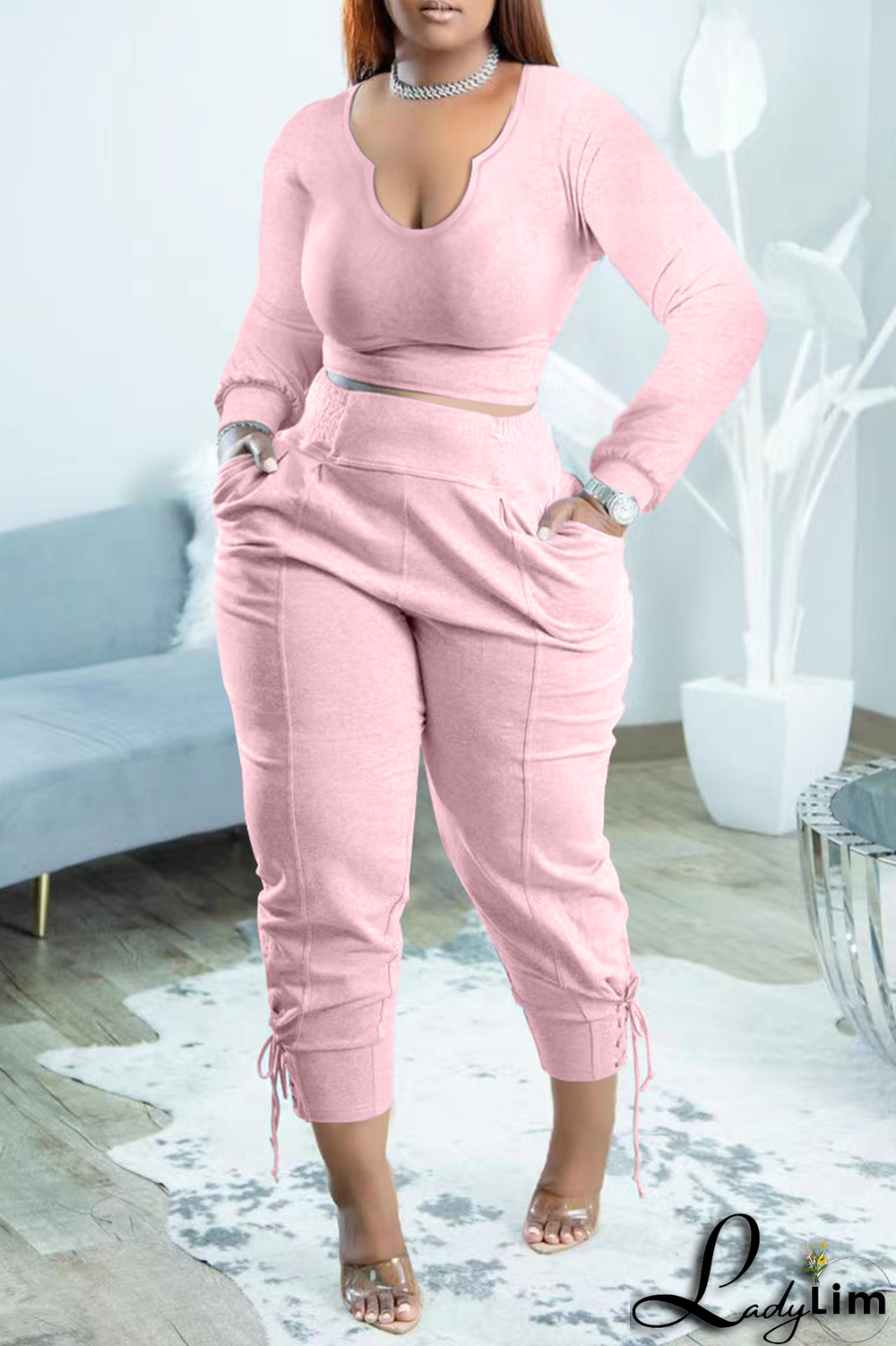 Blue Fashion Solid Draw String U Neck Long Sleeve Two Pieces