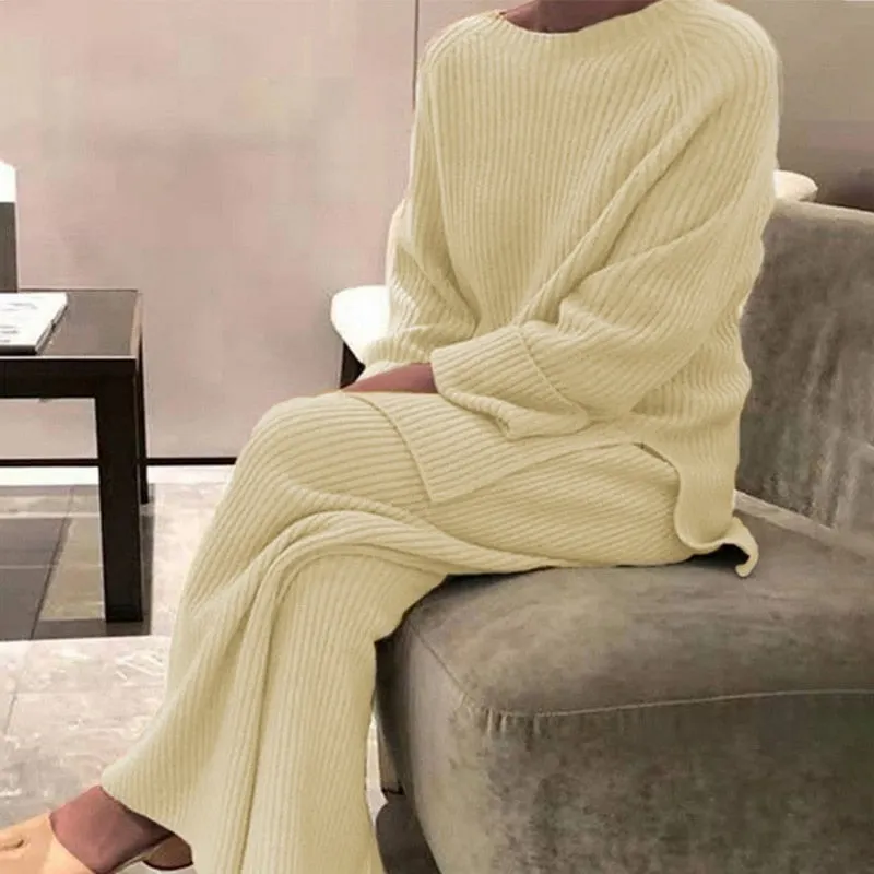 Women's Knitted Set Warm Split Pullover Sweater +wide Leg Pants Female Elegant Suit Two Piece Set 2021 Autumn Winter Knitwear