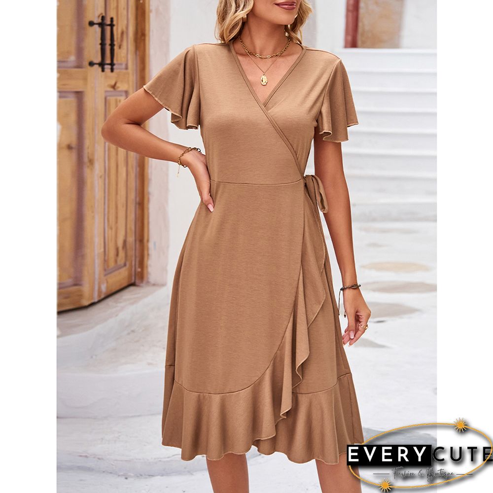 Khaki V Neck Ruffle Hem Tie Waist Casual Dress