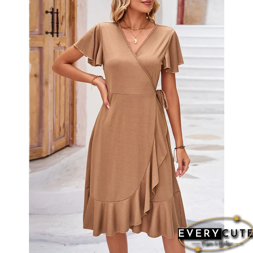 Khaki V Neck Ruffle Hem Tie Waist Casual Dress