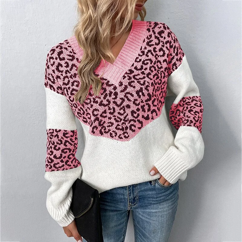 Toloer New Autumn Casual Woman Oversized Sweaters Winter Long Sleeve Knitted Jumper Sweater Women V-neck Leopard Print Pullover