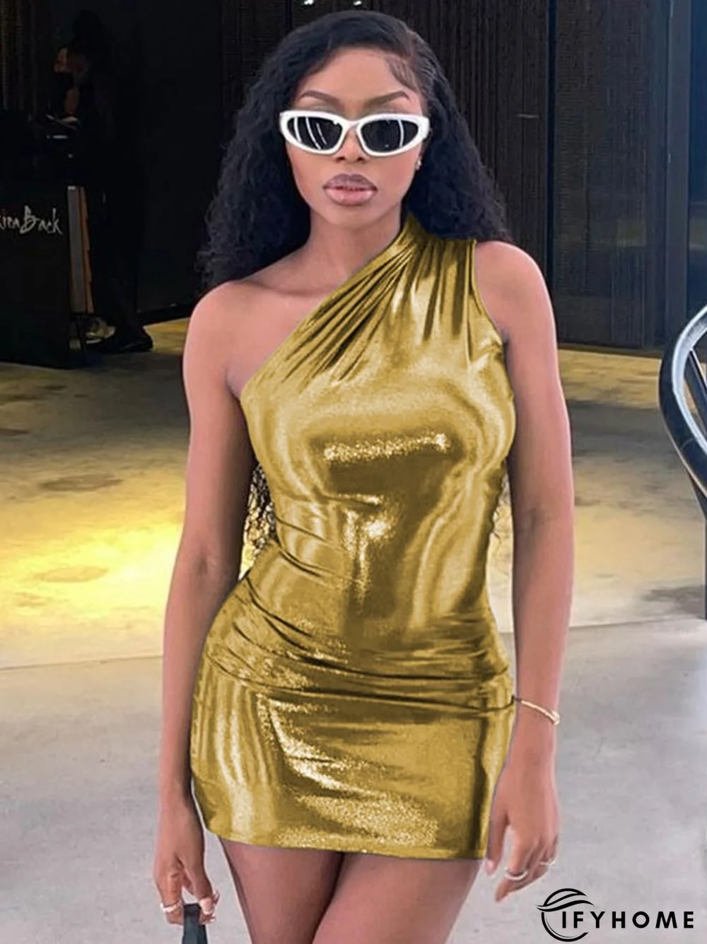 Pu Leather One Shoulder Sleeveless Draped Mini Prom Dress | IFYHOME