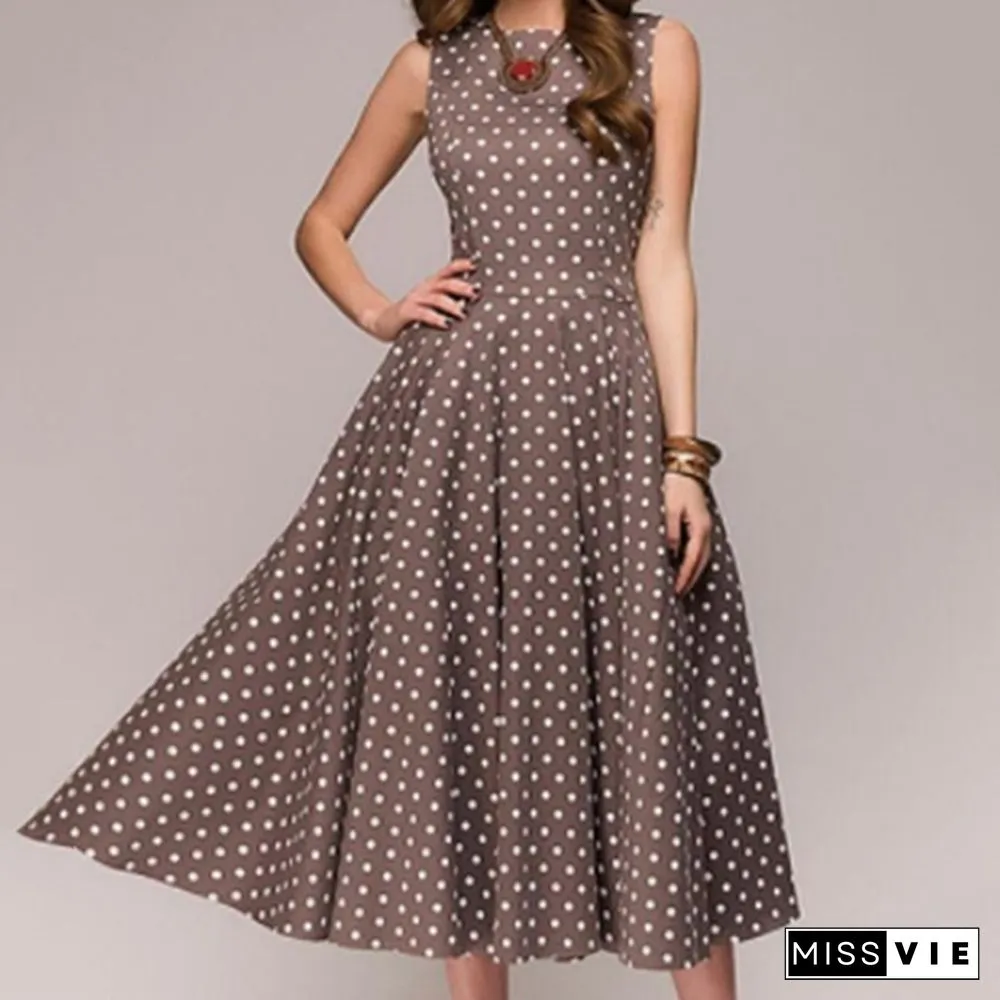 Vintage Polka Dot Swing Party Dresses Women Sleeveless O-neck Elegant Dress Casual Boho Midi Dress