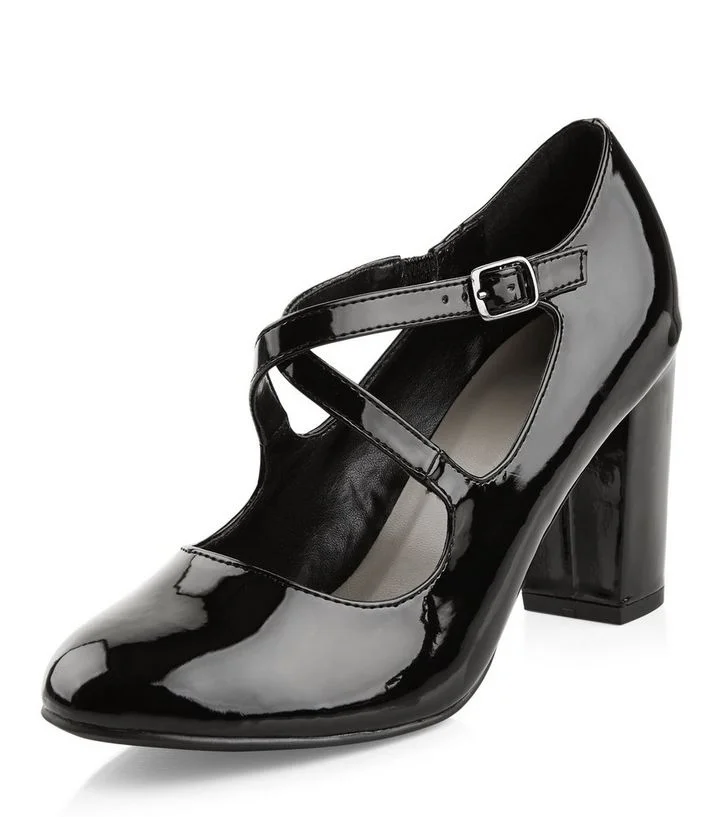 Custom Made Black Patent Leather Chunky Heel Mary Jane Pumps |FSJ Shoes