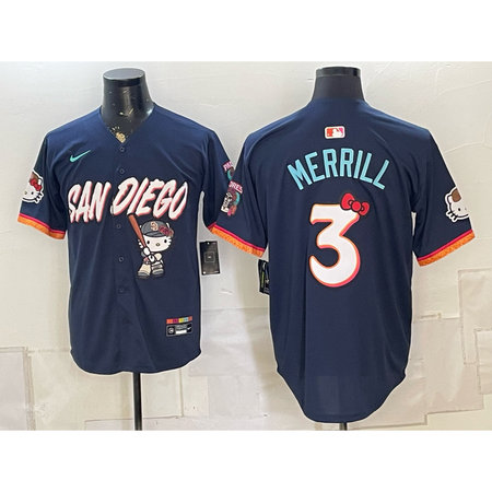 Men's San Diego Padres #3 Jackson Merrill Navy Hello Kitty Stitched Baseball Jersey