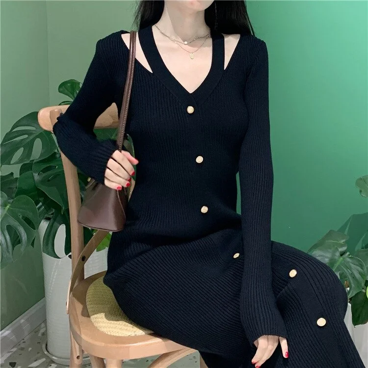 Jangj Female Long Sleeve Cut Out Sweet Sexy Midi Bodycon Dresses Women Solid Color V Neck Winter Exotic Long Tight Dress