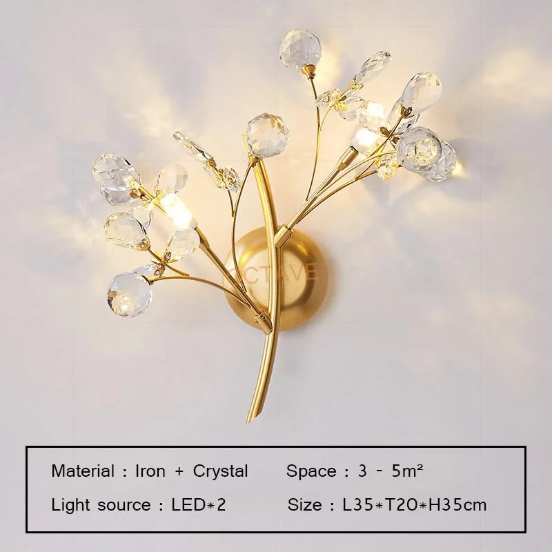 Nordic Luxury Branches Gold LED Crystal Wall Lamp Modern Creative Bedroom Bedside Living Room Background Wall Decor Wall Light