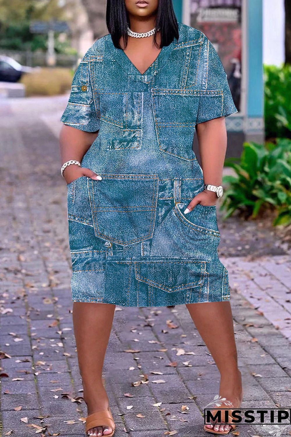 Navy Blue Casual Print Patchwork V Neck Short Sleeve Dress