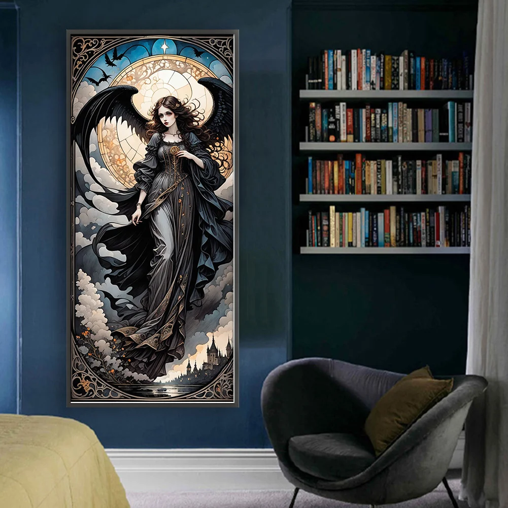 11CT Full Stamped Cross Stitch - Black Dress Girl Wing(Canvas|40*90CM)