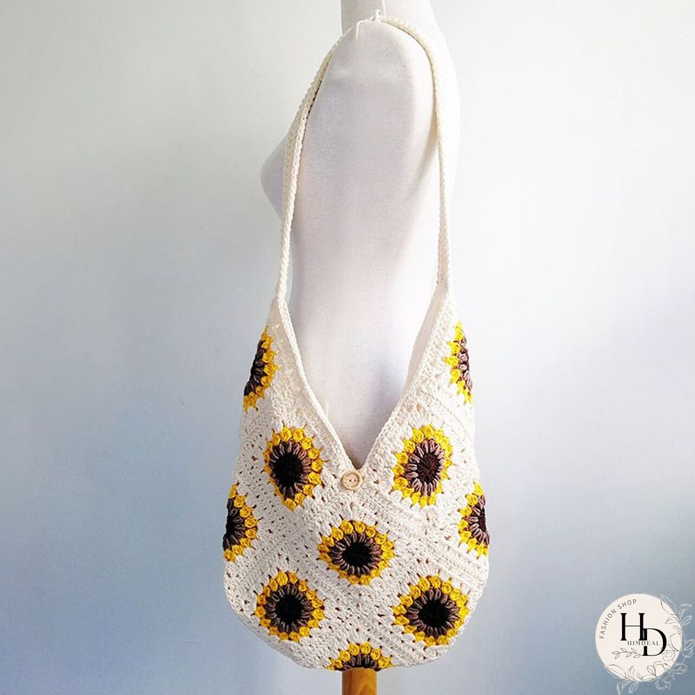 Multi Colors Hand Woven Knit Summer Sunflower Daisy Flowers Tote Bag
