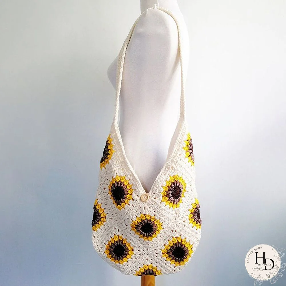 Multi Colors Hand Woven Knit Summer Sunflower Daisy Flowers Tote Bag