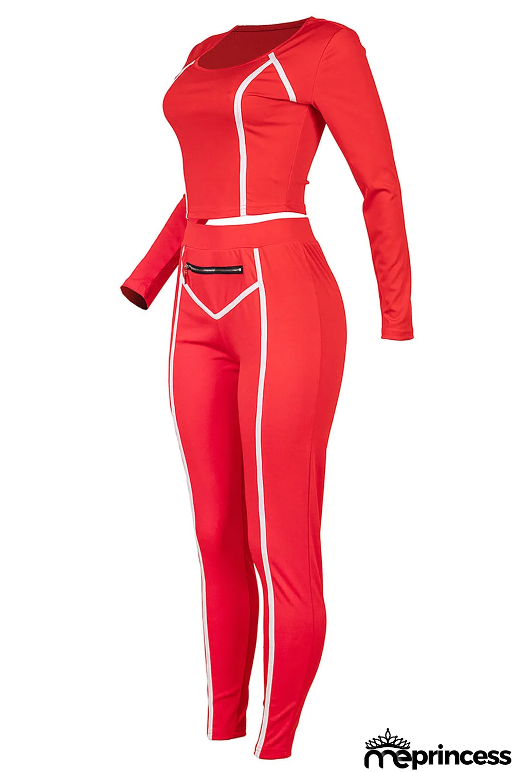 Tangerine Red Casual Solid Split Joint Zipper U Neck Long Sleeve Two Pieces