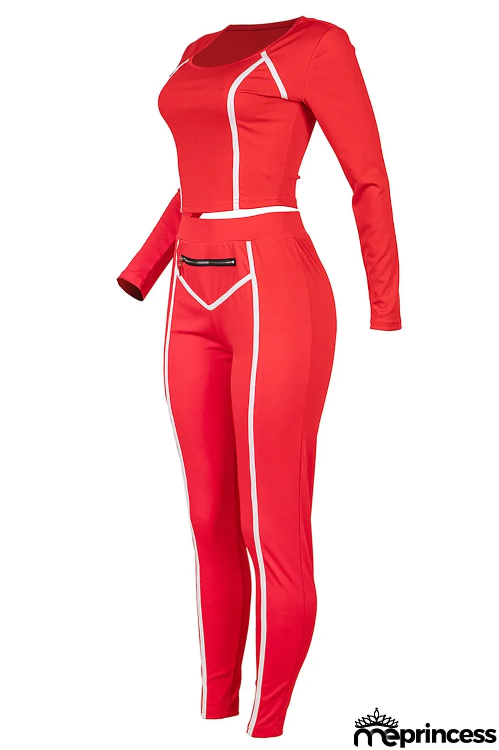 Tangerine Red Casual Solid Split Joint Zipper U Neck Long Sleeve Two Pieces