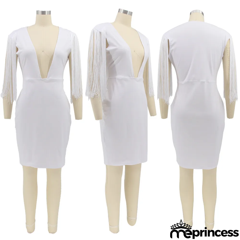 Solid Sexy Tassel Deep V Neck Bodycon Dress