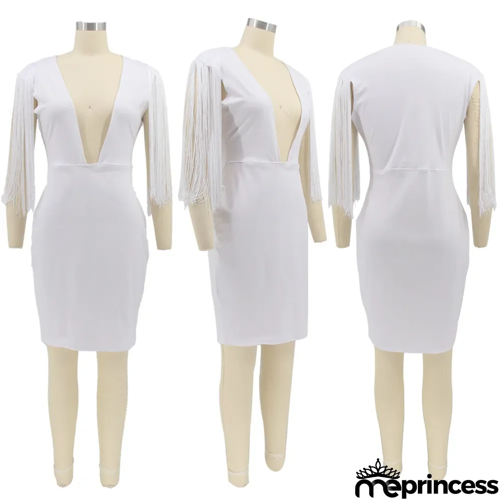 Solid Sexy Tassel Deep V Neck Bodycon Dress