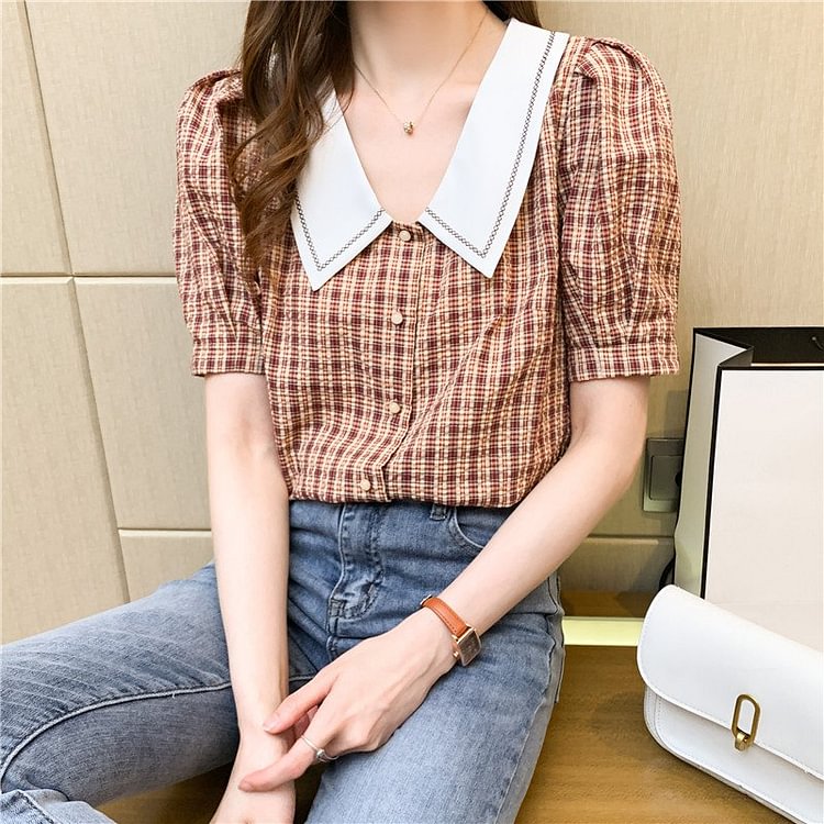 As Picture Vintage Paneled Checkered/plaid Shirts & Tops
