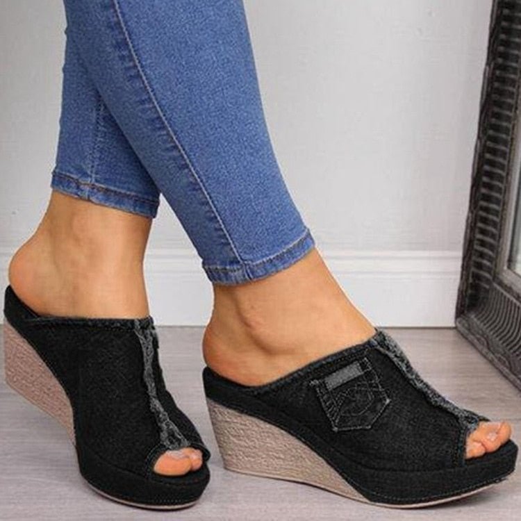 Comemore New Female Shoes Denim Platform Wedges High Heel Women Sandals Woman Summer Wedge New 2022 Ladies Spring Slippers Black
