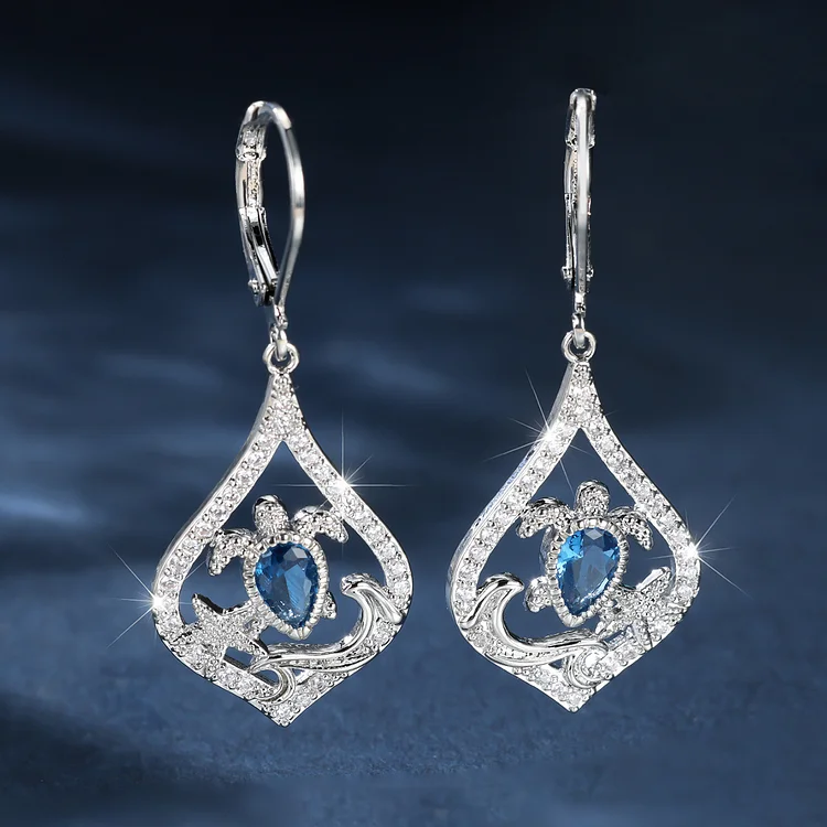 Blue Diamond Teardrop Turtle Earrings