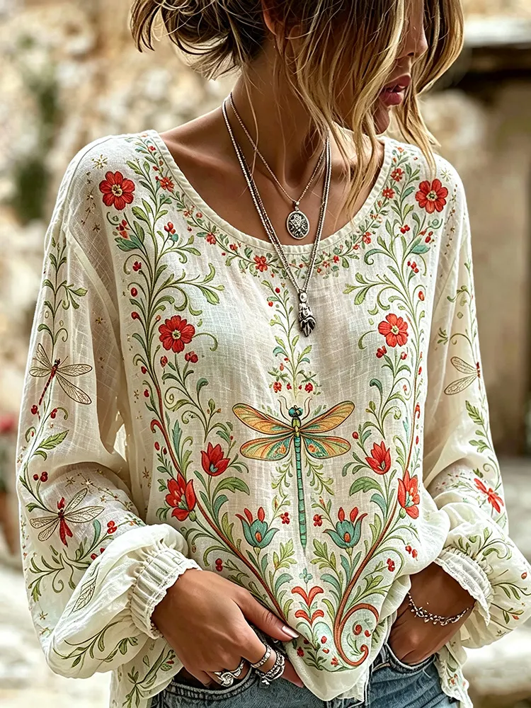 Comstylish Retro Bohemian Style Folk Art Dragonfly And Floral Print Top