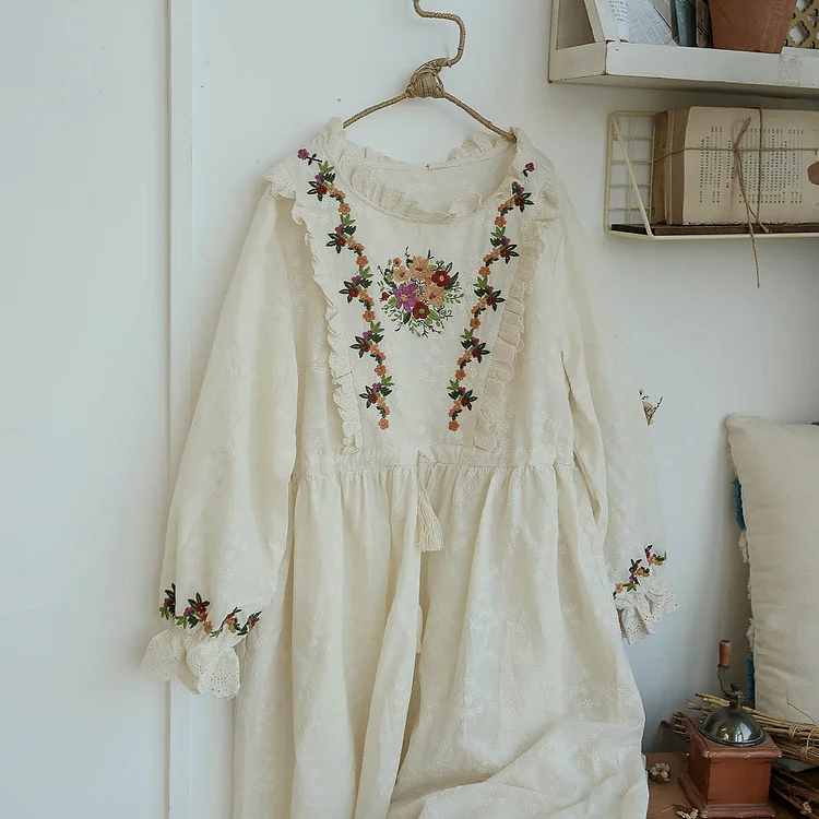 Queenfunky cottagecore style Quality Vintage Lace Embroidered Dress QueenFunky