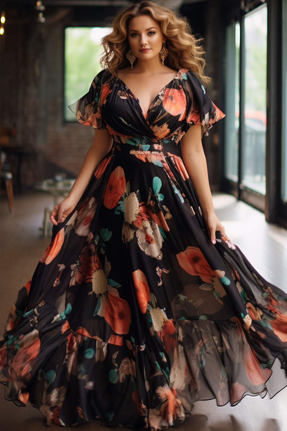 Flycurvy Plus Size Vacation Black Floral Print Flutter Sleeve Tiered Maxi Dress