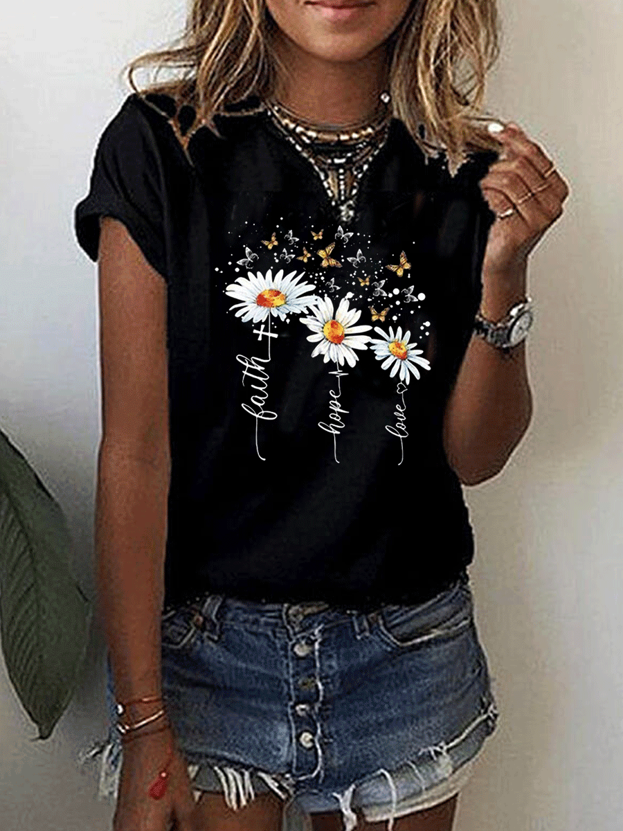 Print Round Neck Short Sleeves Casual T-shirts